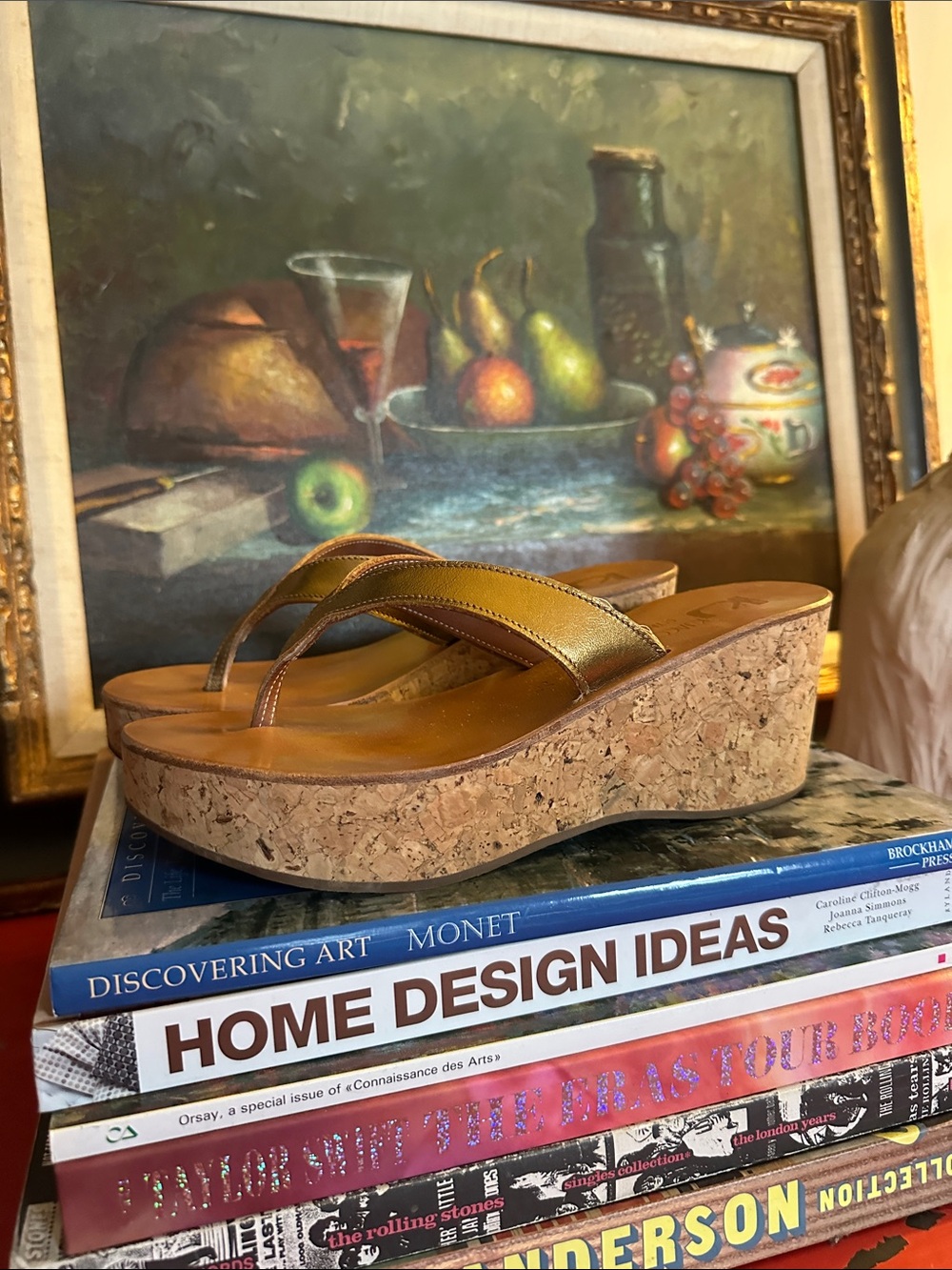 K.Jacques Metallic Gold Cork Platform Wedge Thong Sandals - Picture 2 of 6